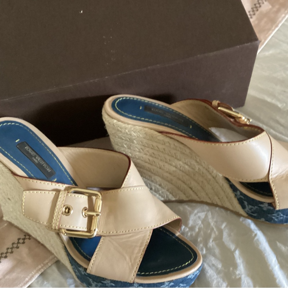 Louis Vuitton denim style wedge sandals